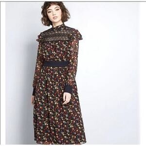 ModCloth Anna Sui Dress Womens Size 6 Floral Sheer Lace High Neck Long Sleeve
